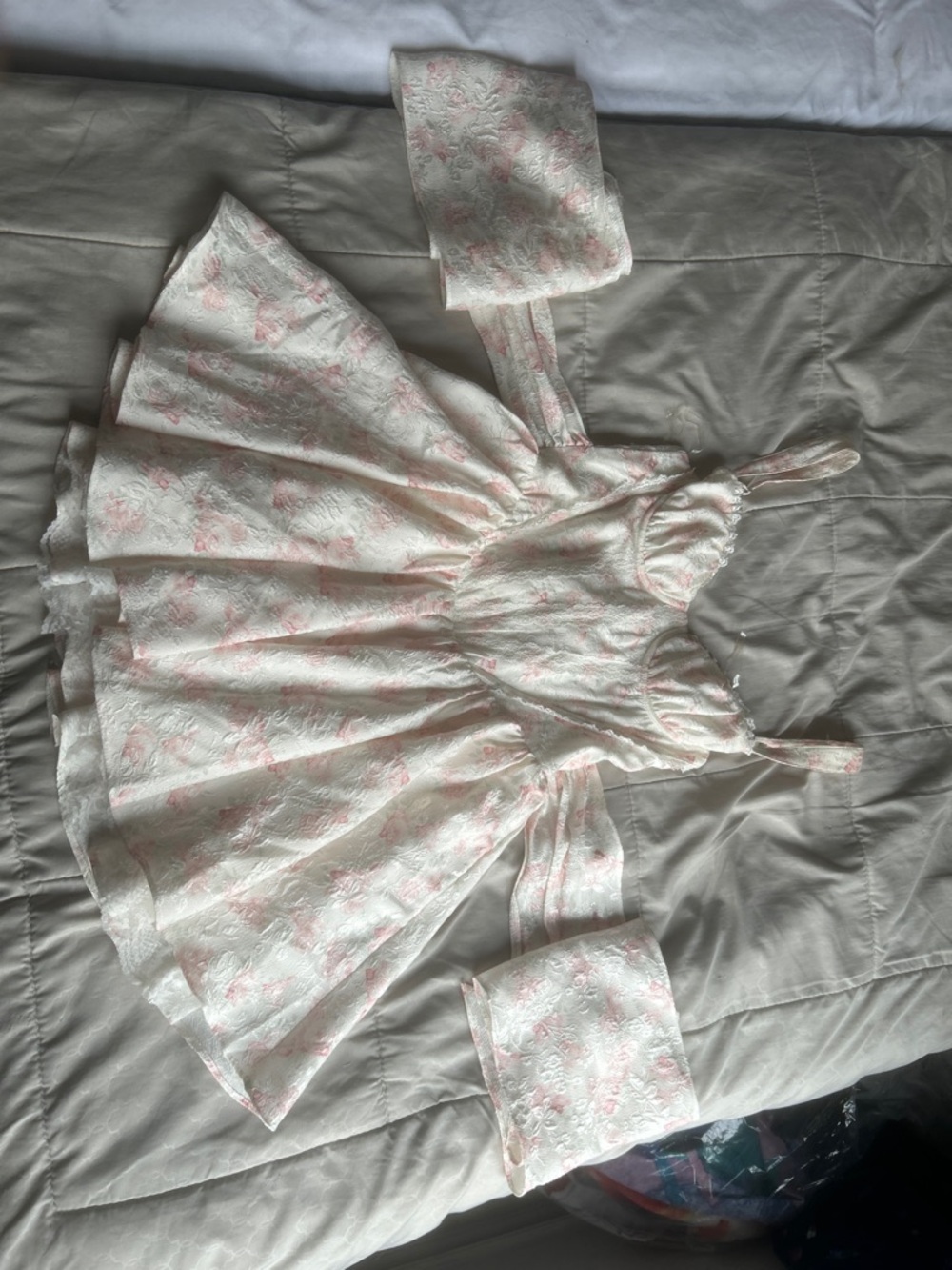 Floral Embroidered Mini Dress in Soft Pink and Cream - Picture 1 of 3